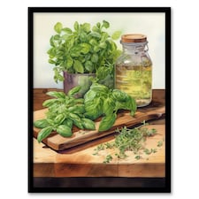 Country Kitchen Art Watercolour Basil Herb Black Framed Wall Art Print A4