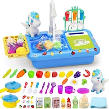 Kids Kitchen Blue Sink Playset with Real Running Water – Includes Colorful Food Accessories